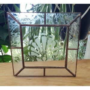 Etched Shell White Cloud Glass Frame Copper Patina Stained Glass Hanging 6.5X6.5